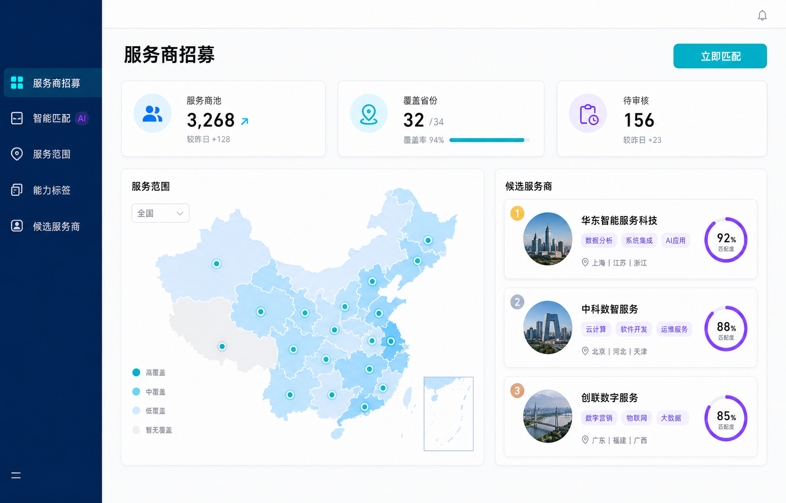服务商地图、区域缺口与智能准入界面